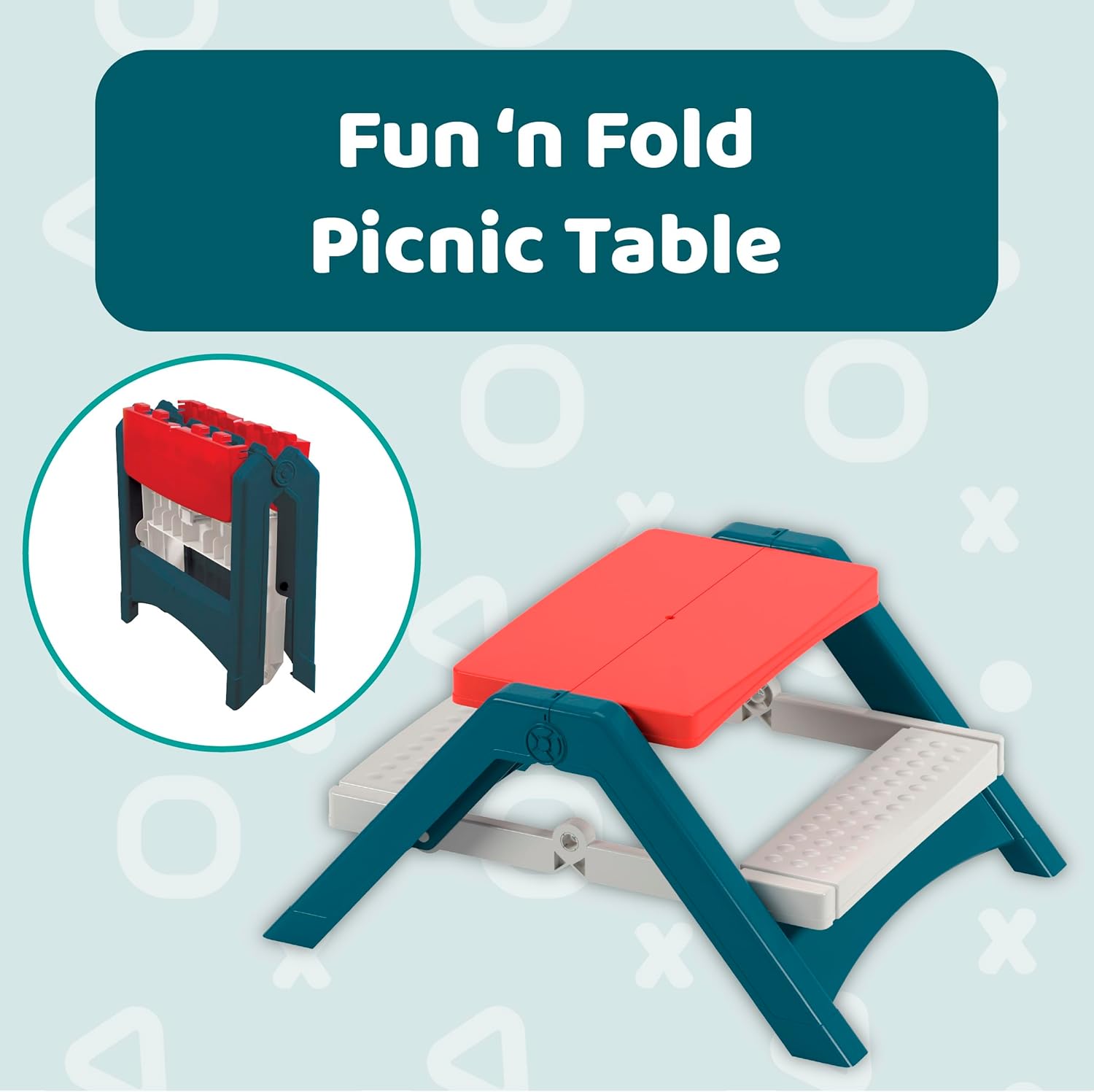 Fun N Fold Picnic Table for Kids – Indoor Outdoor – Red White and Blue Lightweight Foldable Picnic Table – Quick and Easy Storage – Toddlers Age 2 and up