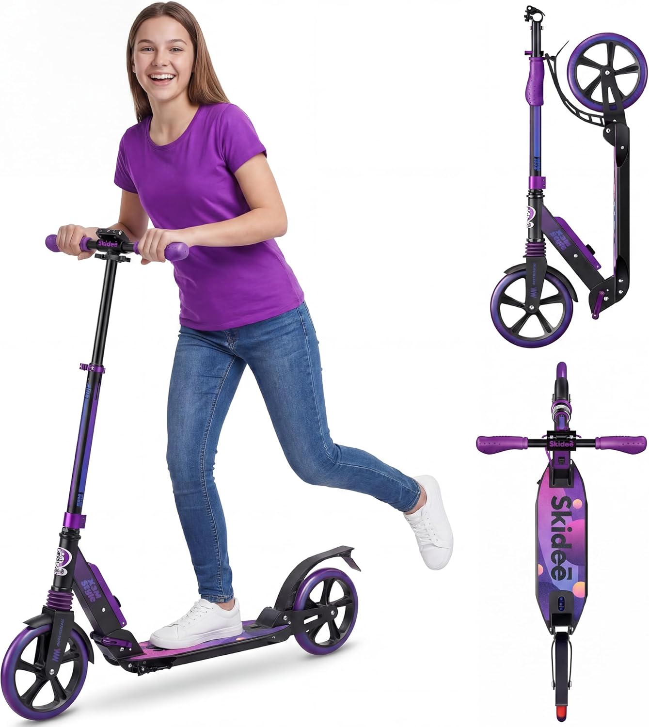 Skidee Adult & Teen Scooter Adjustable Height, Folding, Large Wheels, Lightweight, Durable, Anti-Shock Suspension, Up to 220 lbs