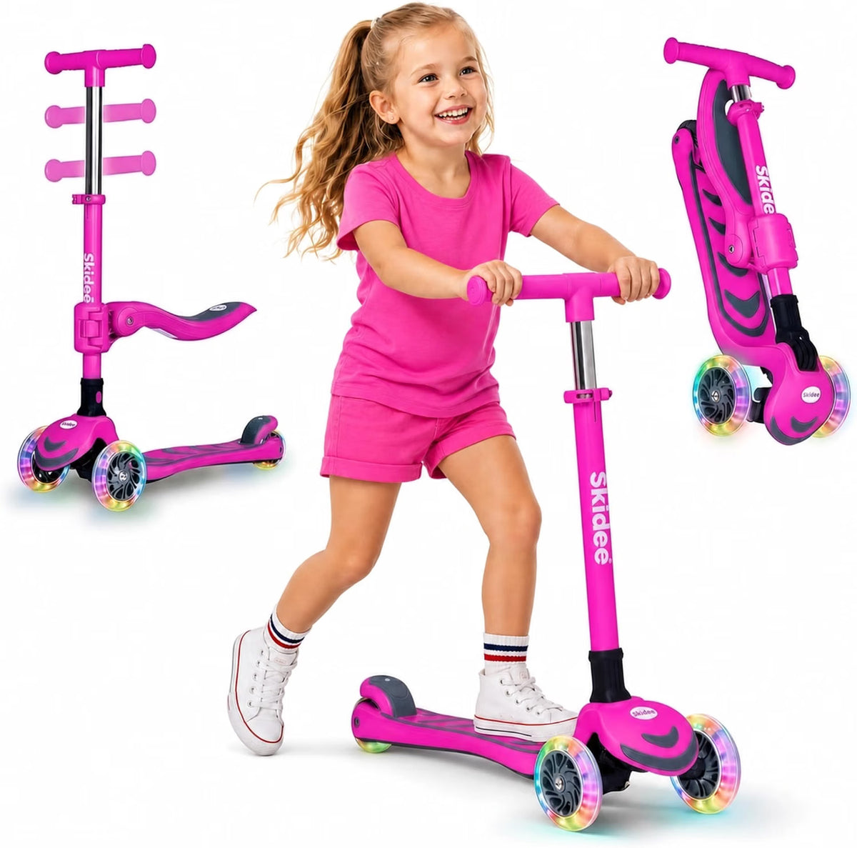 SKIDEE Kids 3-Wheel Scooter, Foldable, Adjustable Height, LED Wheels