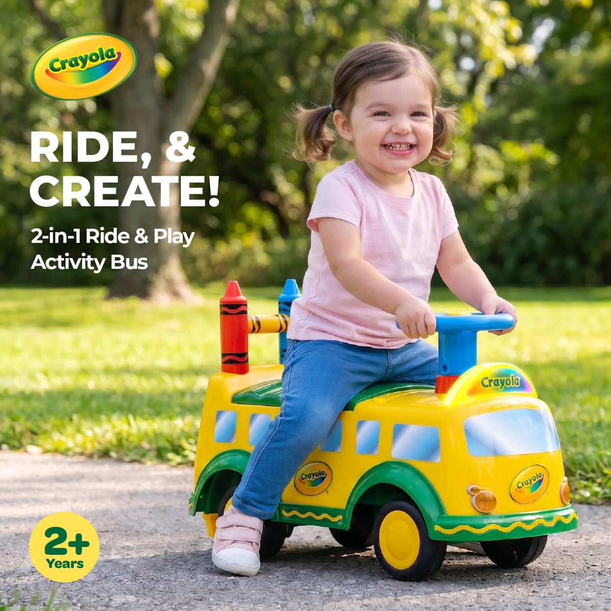 Waddle Crayola School Bus Ride-On Toy, Ages 2+, Lights & Sounds, 44lb