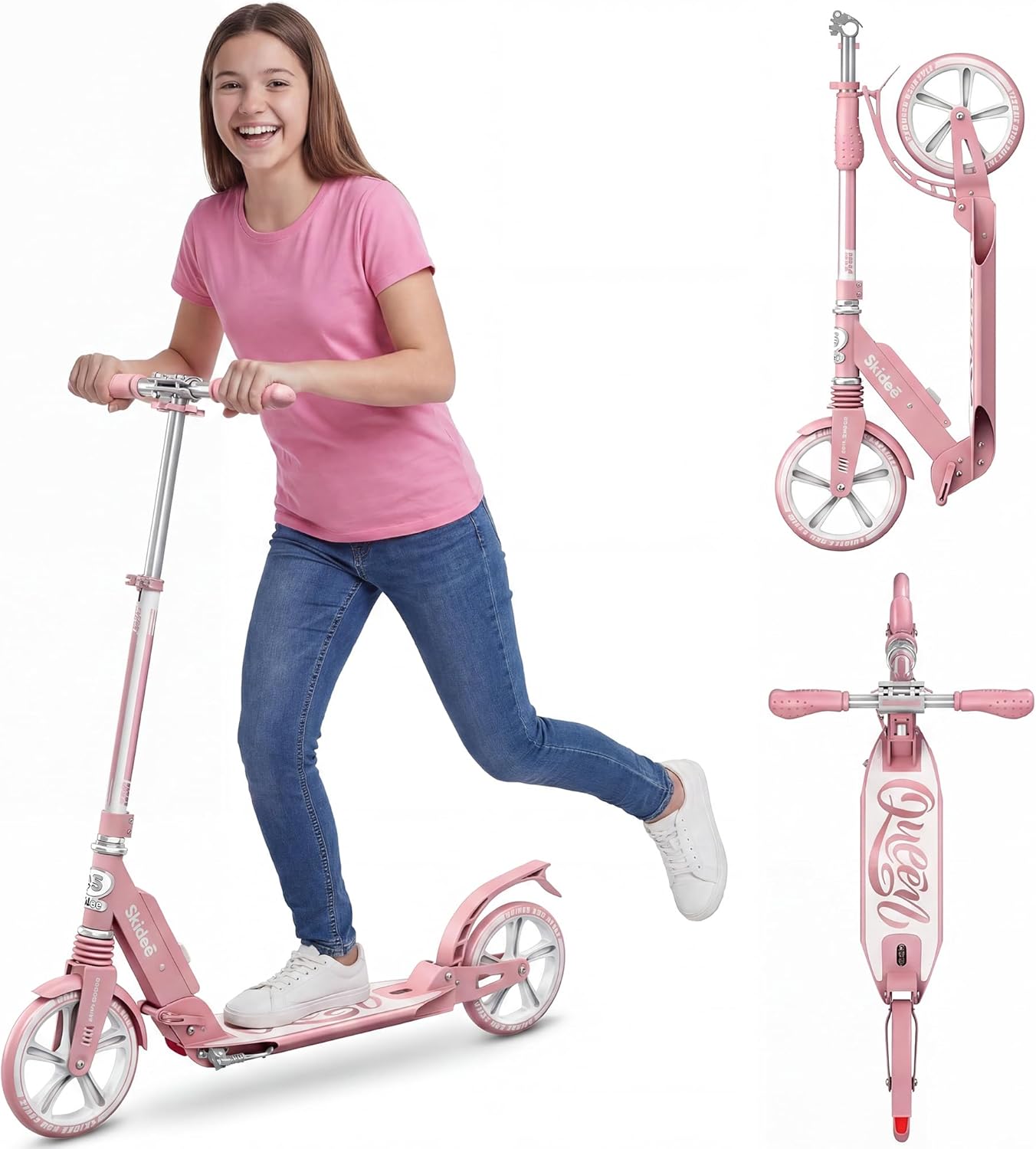 Skidee Adult & Teen Scooter Adjustable Height, Folding, Large Wheels, Lightweight, Durable, Anti-Shock Suspension, Up to 220 lbs