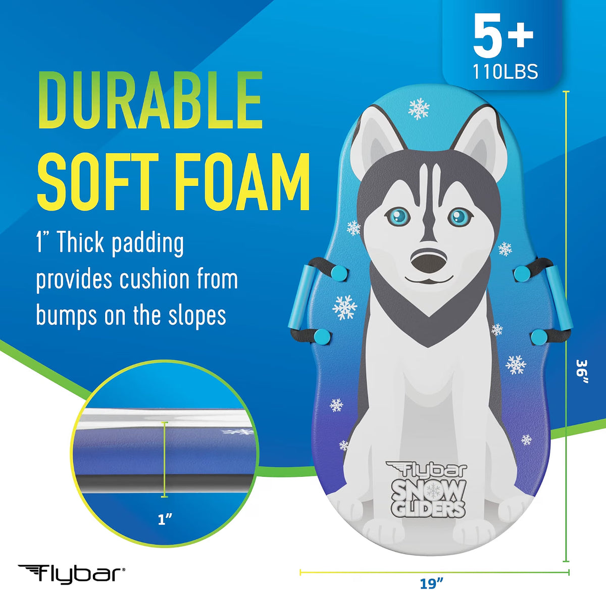 Flybar Kids 36” Foam Snow Sled with Slick Bottom & PE Core Build, Holds Up To 110 Lbs