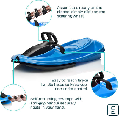 Gizmo Riders Snow Sled for Kids & Adults, Steering Wheel, Anti-Slip Seat, Brake, 260lb