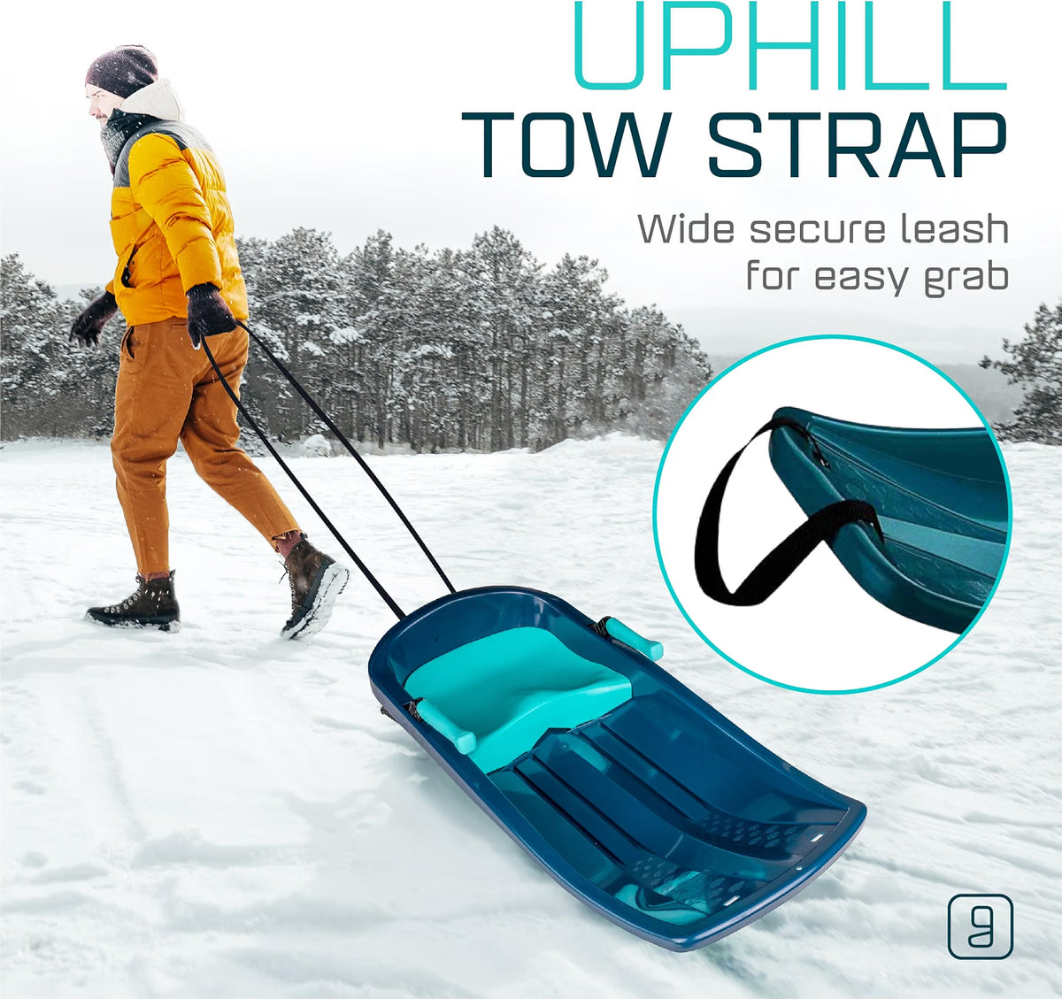 Kids' Toboggan Sled, Lightweight Plastic Snow Sled with Tow Strap & Brakes