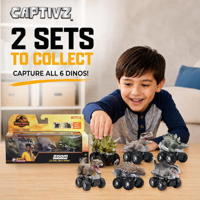 Jurassic World Chaos Theory Zoom Riders 3 Mystery Dinosaur Toys for Kids 3+