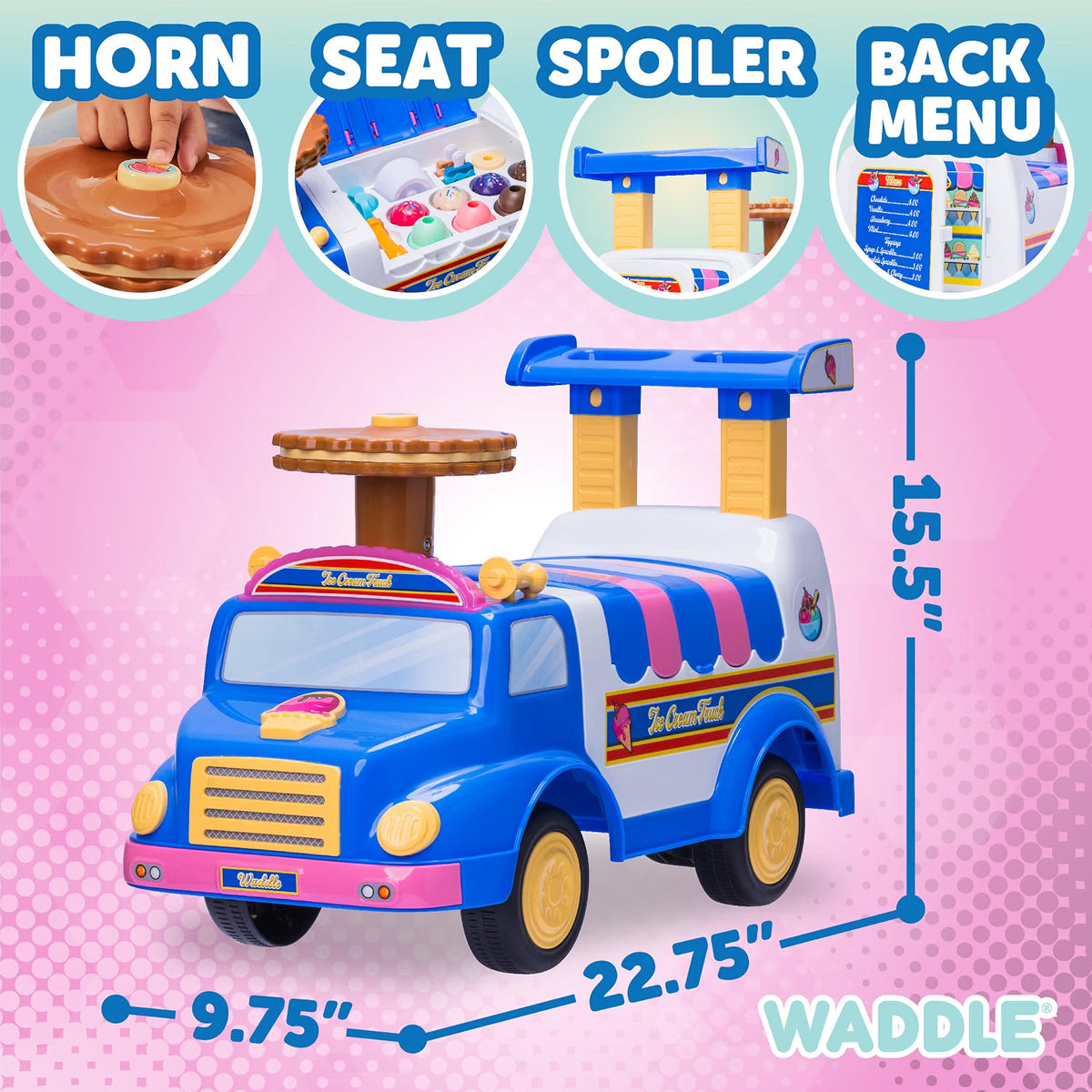 Waddle Ice Cream Toy Truck Ride-On, Ages 1-3, Ice Cream Playset, 44lb Capacity