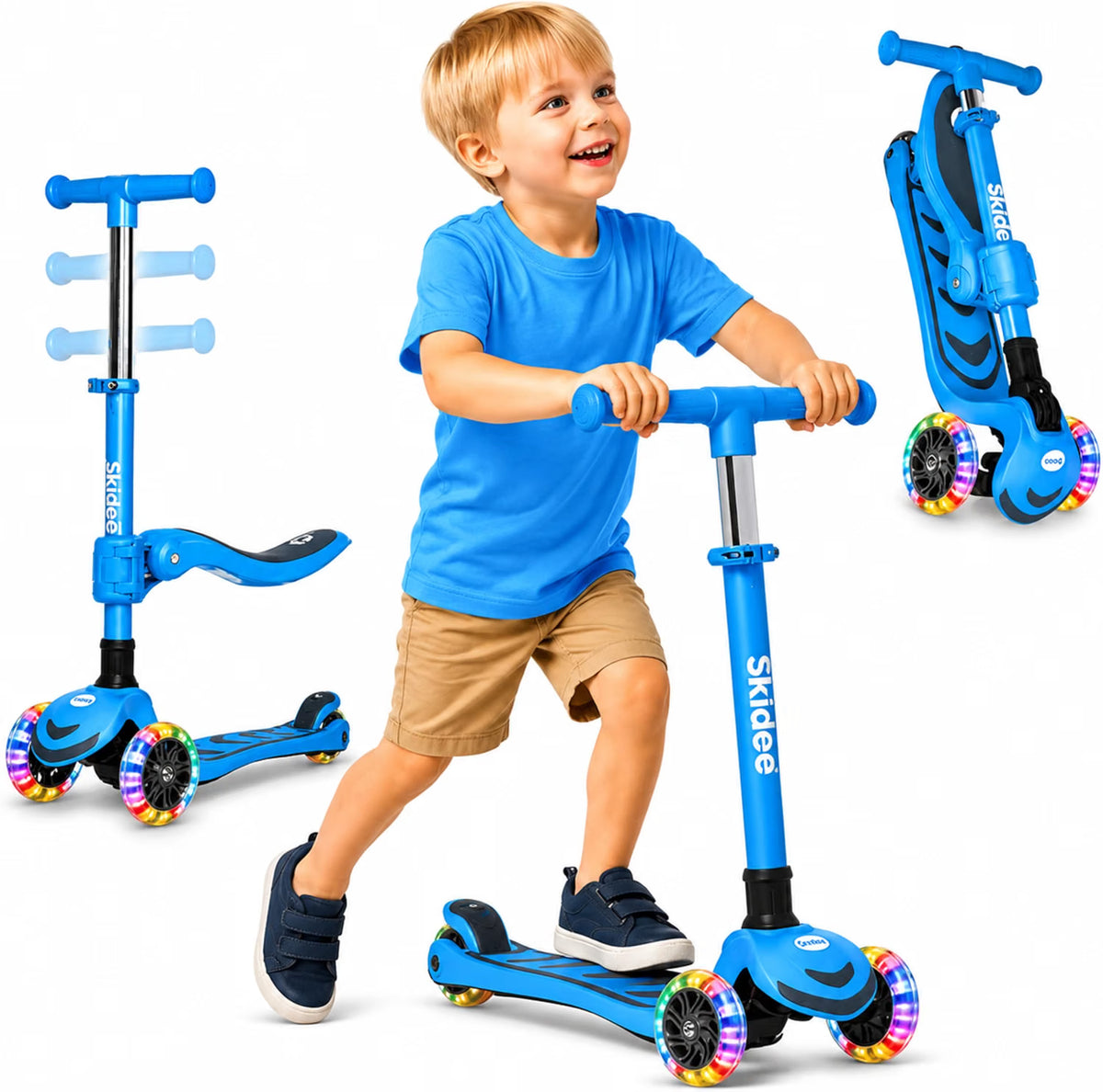 SKIDEE Kids 3-Wheel Scooter, Foldable, Adjustable Height, LED Wheels