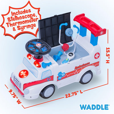 Waddle Ambulance Ride-On Toy for Toddlers 1-3, Doctor Kit, Lights & Sound, 44lb Capacity