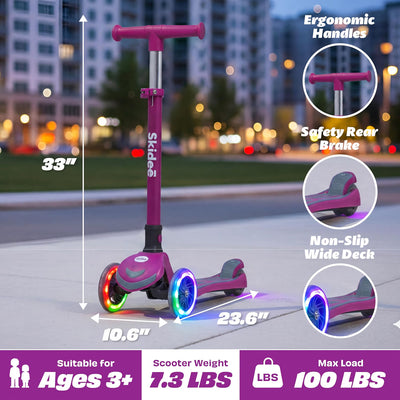 SKIDEE Kids 3-Wheel Scooter, Foldable, Adjustable Height, LED Wheels