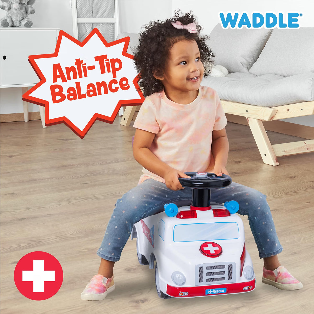 Waddle Ambulance Ride-On Toy for Toddlers 1-3, Doctor Kit, Lights & Sound, 44lb Capacity