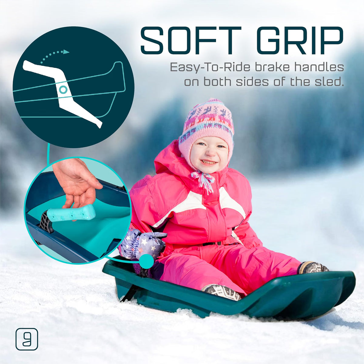 Kids' Toboggan Sled, Lightweight Plastic Snow Sled with Tow Strap & Brakes