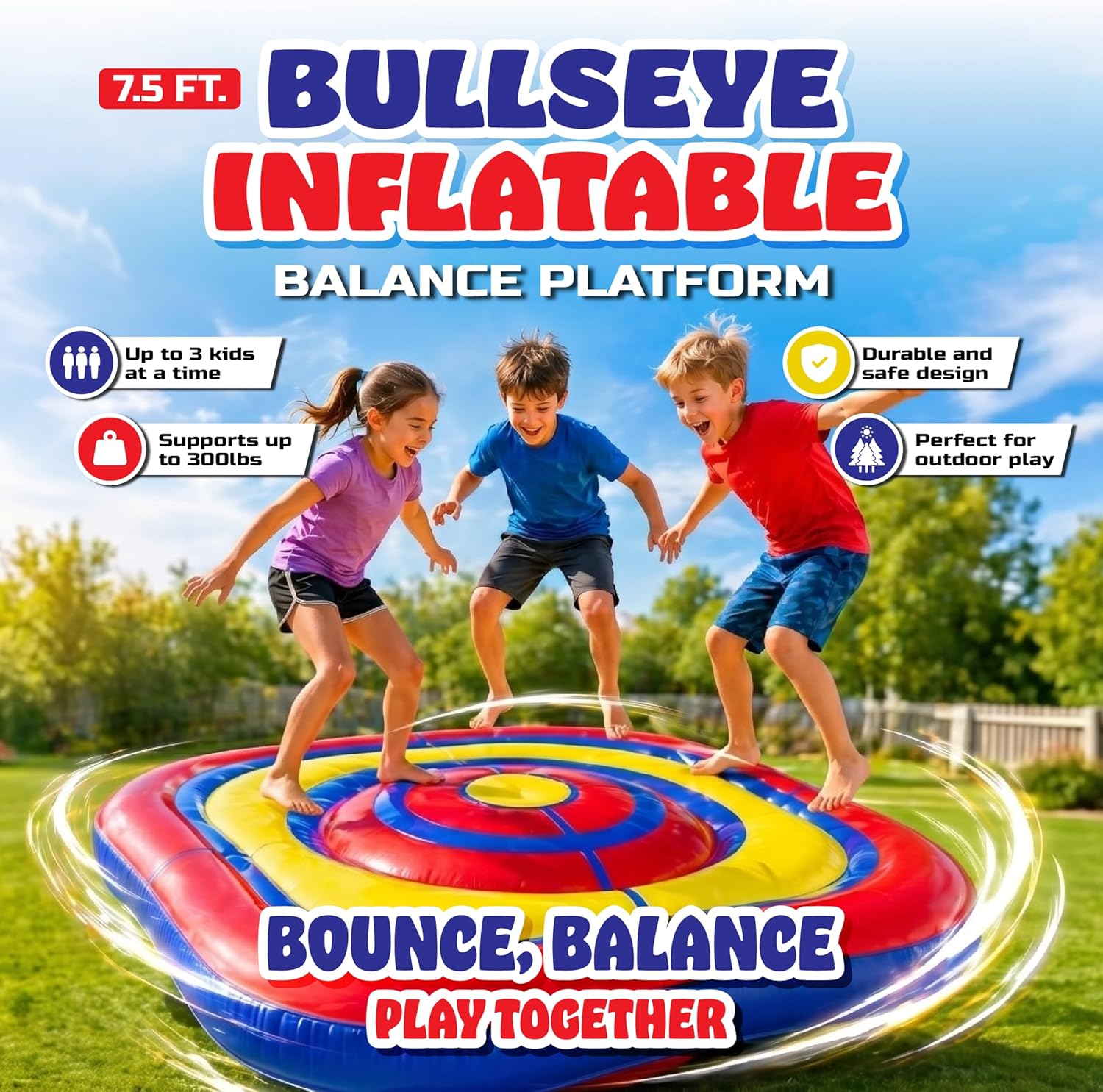 Playland 7.5 FT Inflatable Balance Platform for Kids – Bullseye Wobble Bounce Pad