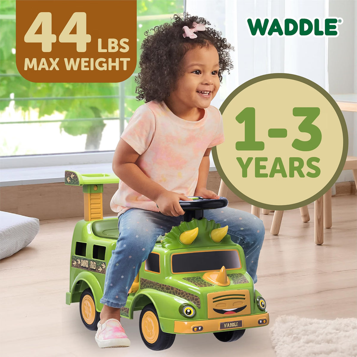 Waddle Dinosaur Ride-On Car for Toddlers 1-3, Dino Rig Transporter, Lights & Sound, 44lb Capacity