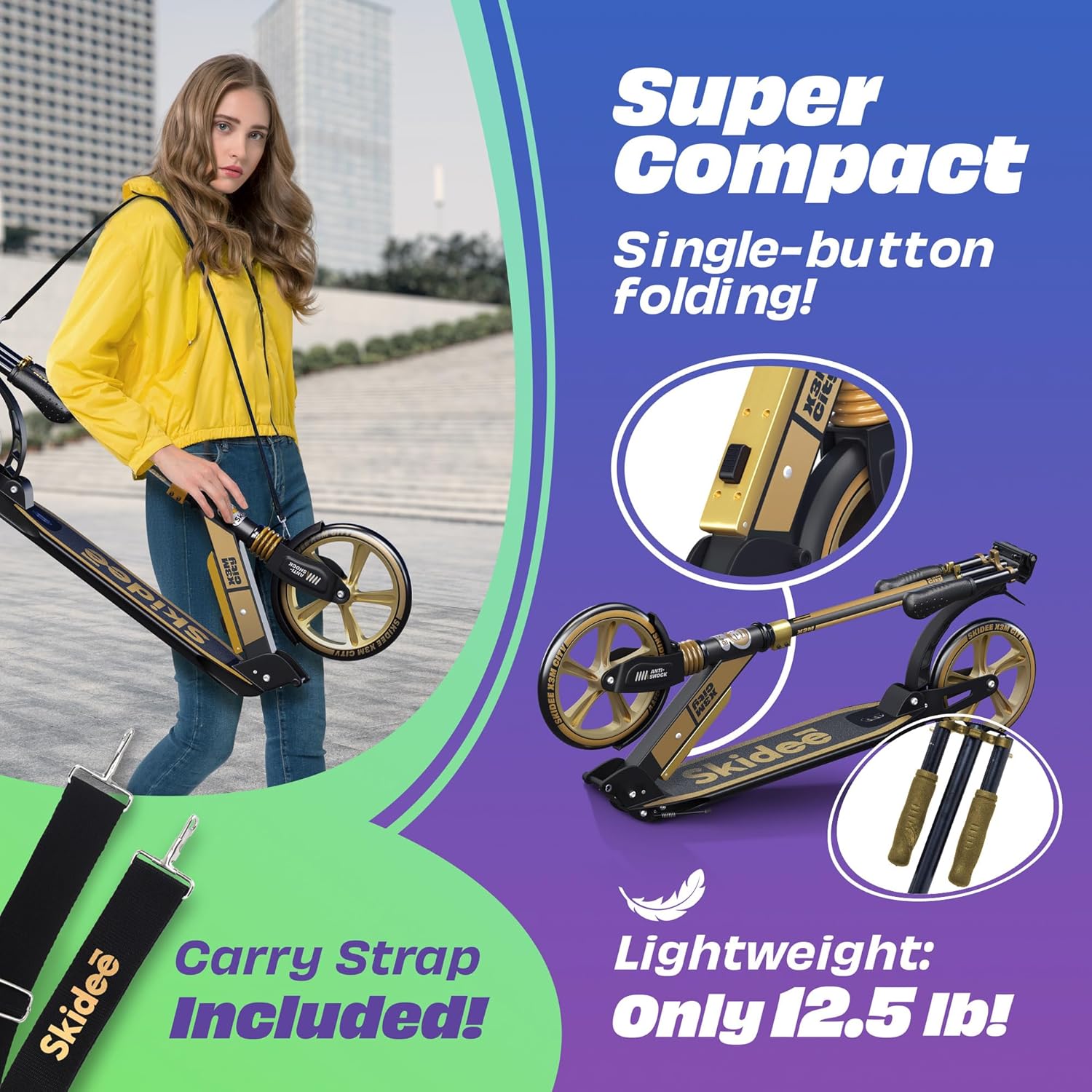 Skidee Adult & Teen Scooter Adjustable Height, Folding, Large Wheels, Lightweight, Durable, Anti-Shock Suspension, Up to 220 lbs