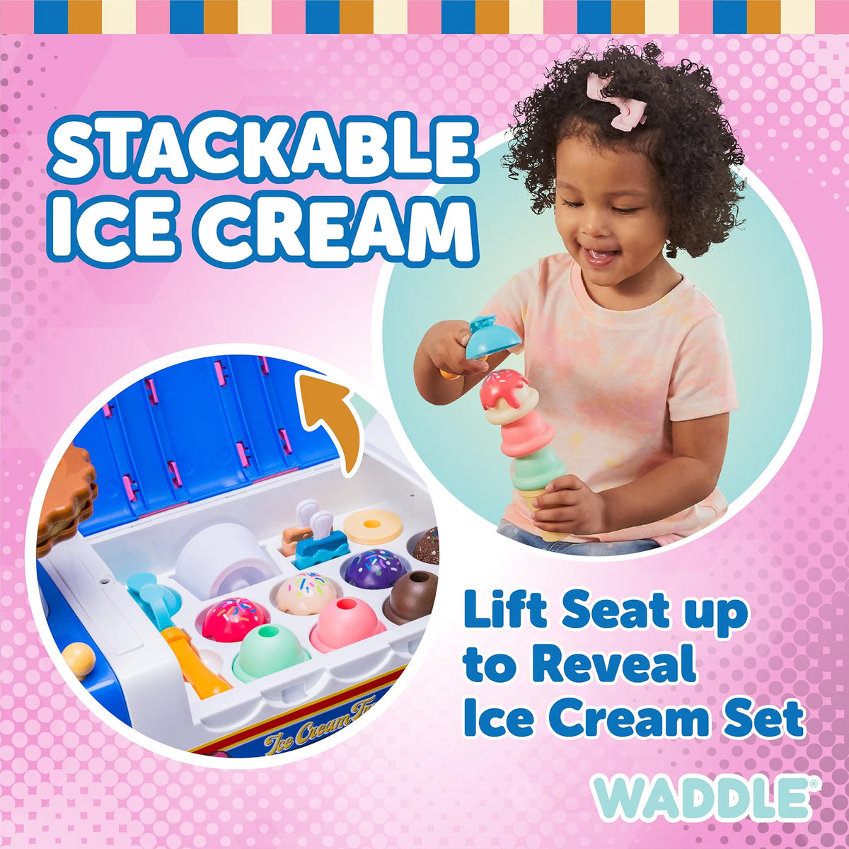 Waddle Ice Cream Toy Truck Ride-On, Ages 1-3, Ice Cream Playset, 44lb Capacity