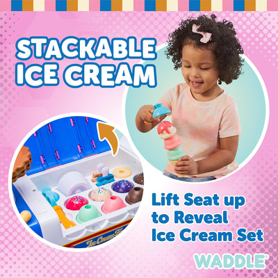 Waddle Ice Cream Toy Truck Ride-On, Ages 1-3, Ice Cream Playset, 44lb Capacity