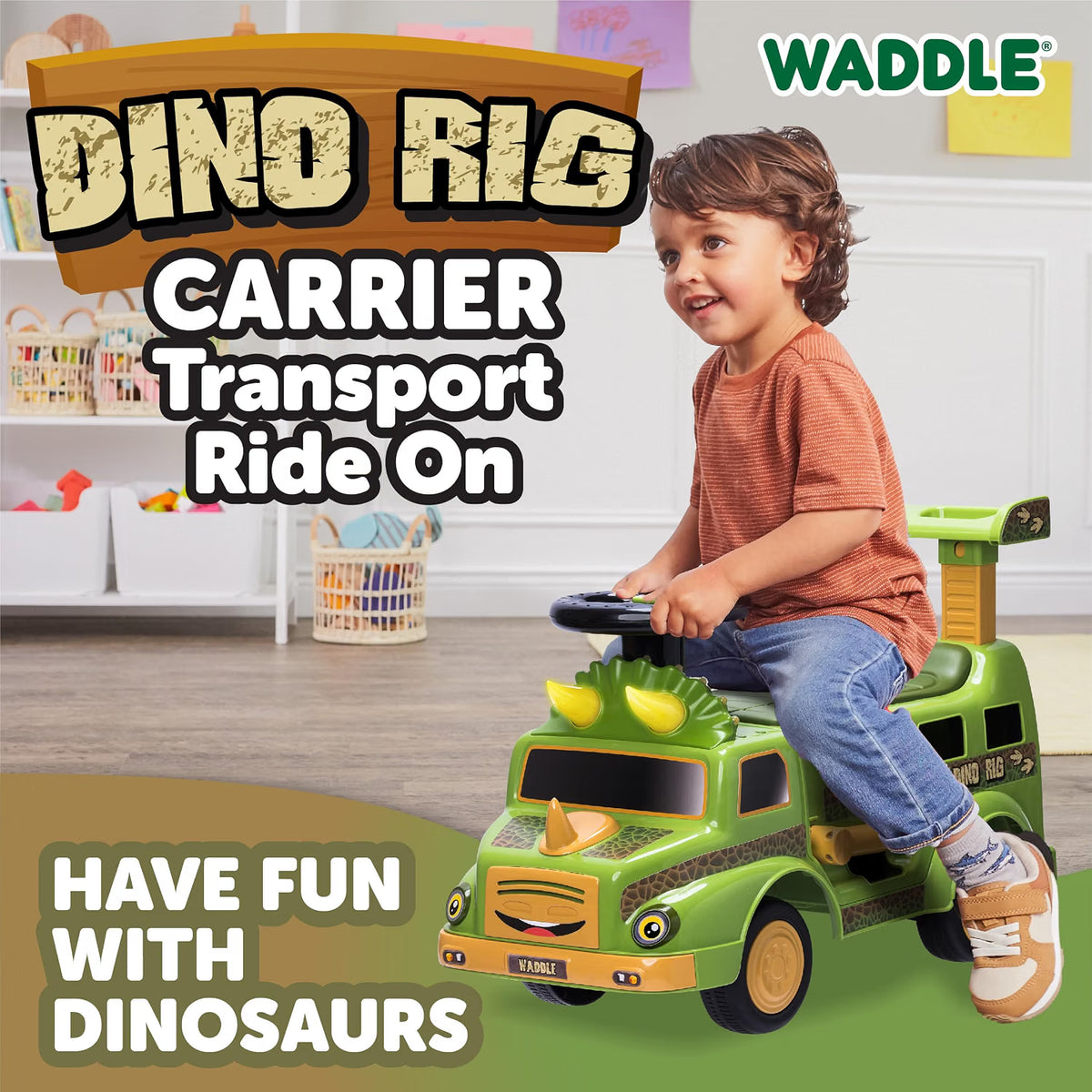 Waddle Dinosaur Ride-On Car for Toddlers 1-3, Dino Rig Transporter, Lights & Sound, 44lb Capacity