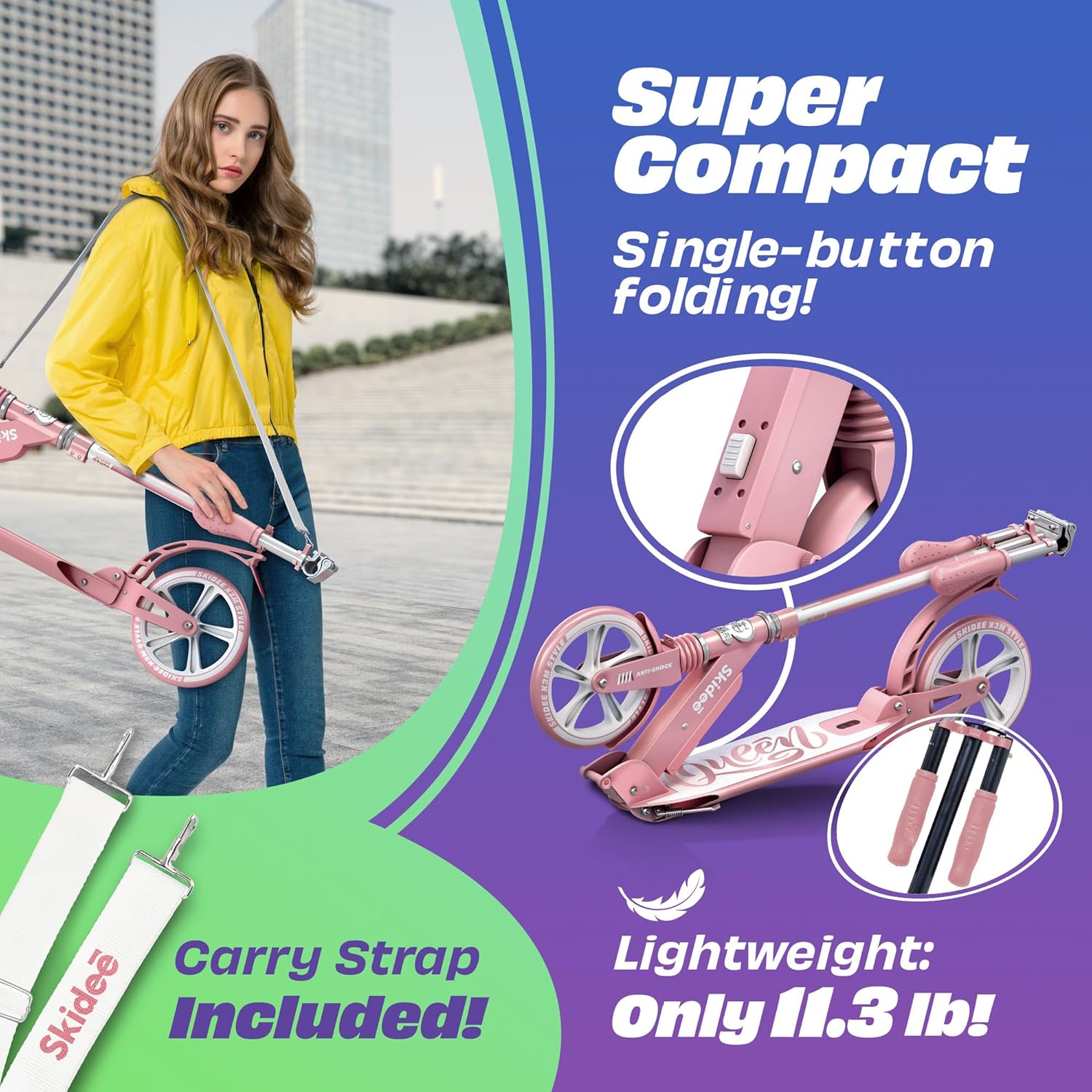 Skidee Adult & Teen Scooter Adjustable Height, Folding, Large Wheels, Lightweight, Durable, Anti-Shock Suspension, Up to 220 lbs