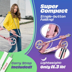 Skidee Adult & Teen Scooter Adjustable Height, Folding, Large Wheels, Lightweight, Durable, Anti-Shock Suspension, Up to 220 lbs