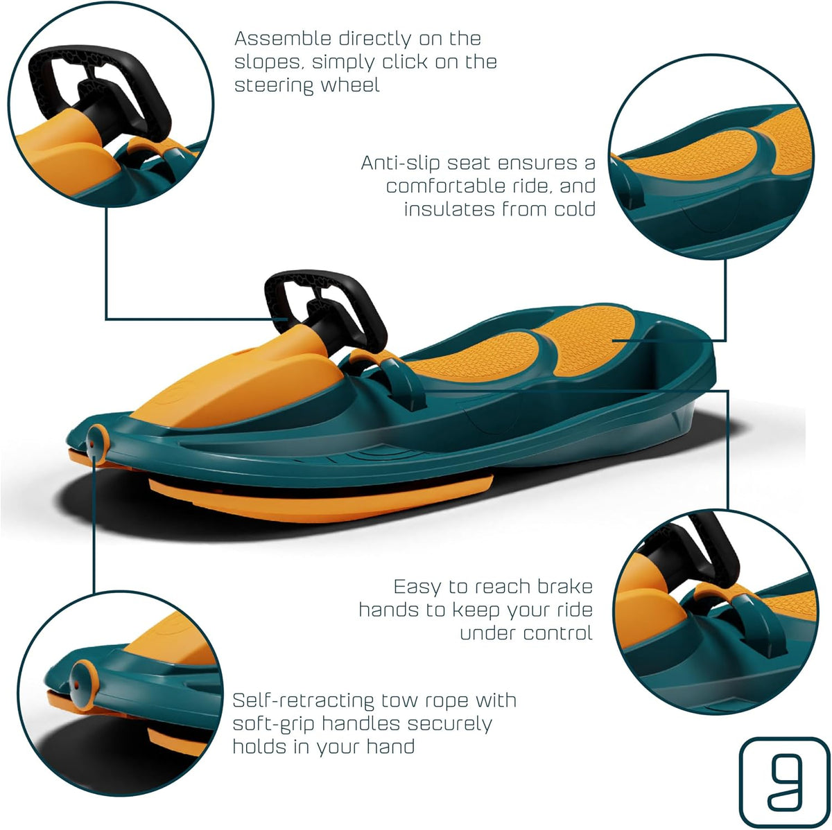 Gizmo Riders Snow Sled for Kids & Adults, Steering Wheel, Anti-Slip Seat, Brake, 260lb