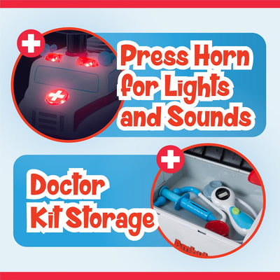 Waddle Ambulance Ride-On Toy for Toddlers 1-3, Doctor Kit, Lights & Sound, 44lb Capacity
