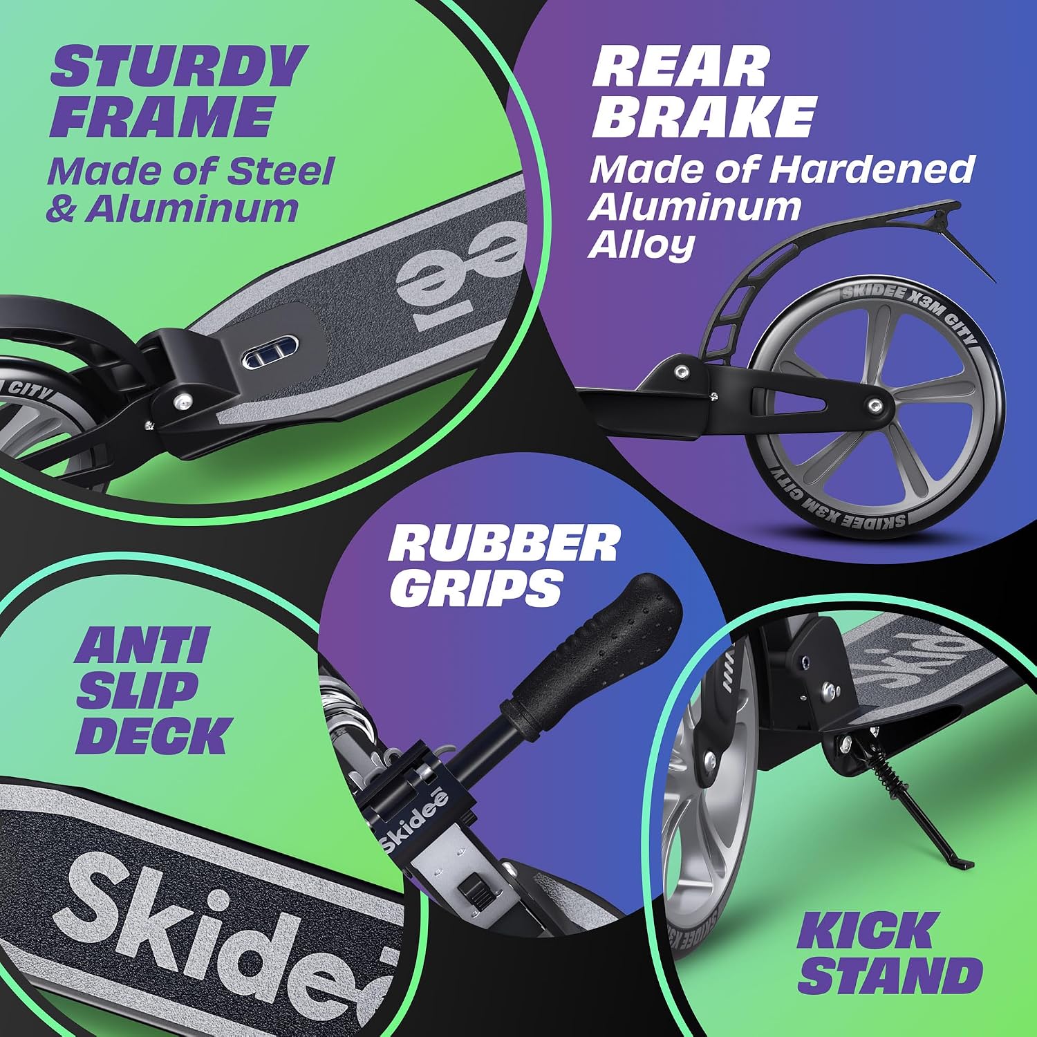 Skidee Adult & Teen Scooter Adjustable Height, Folding, Large Wheels, Lightweight, Durable, Anti-Shock Suspension, Up to 220 lbs