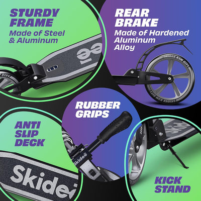 Skidee Adult & Teen Scooter Adjustable Height, Folding, Large Wheels, Lightweight, Durable, Anti-Shock Suspension, Up to 220 lbs