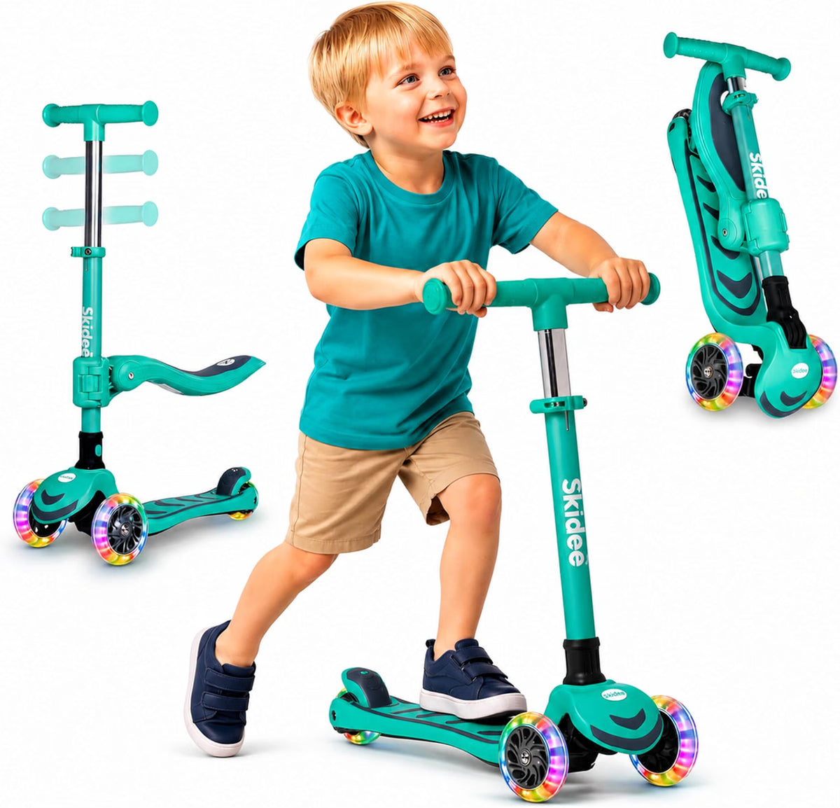 SKIDEE Kids 3-Wheel Scooter, Foldable, Adjustable Height, LED Wheels
