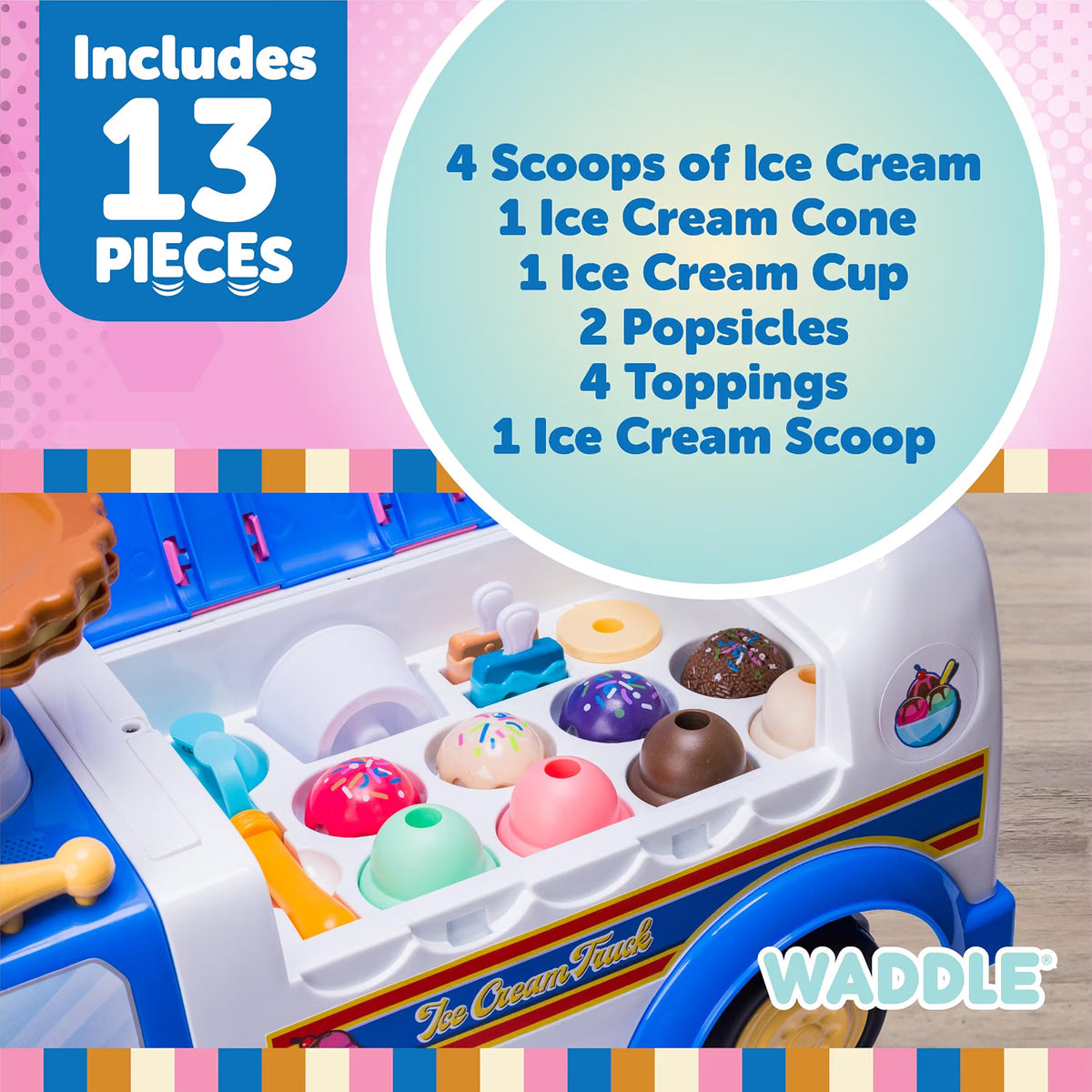 Waddle Ice Cream Toy Truck Ride-On, Ages 1-3, Ice Cream Playset, 44lb Capacity