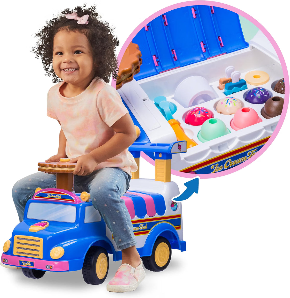 Waddle Ice Cream Toy Truck Ride-On, Ages 1-3, Ice Cream Playset, 44lb Capacity