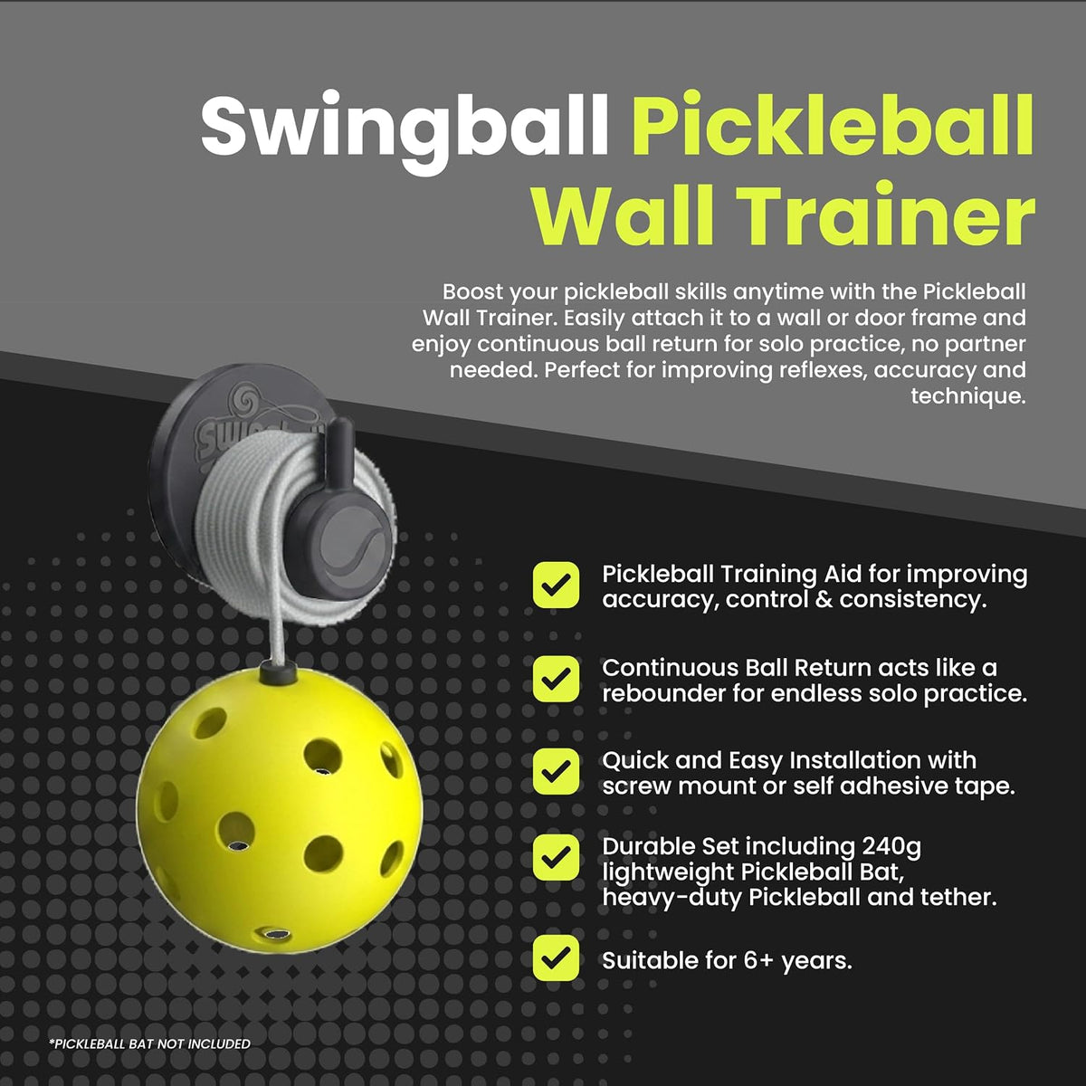 Swingball Pickleball Trainer, Wall-Mount Rebounder, Tethered Ball, Ages 6+