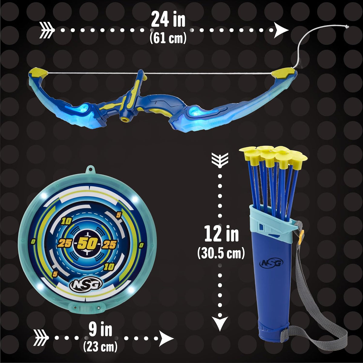 LED Light-Up Archery Bow & Arrow Set, 10 Suction Cup Arrows, LED Target, Ages 6+