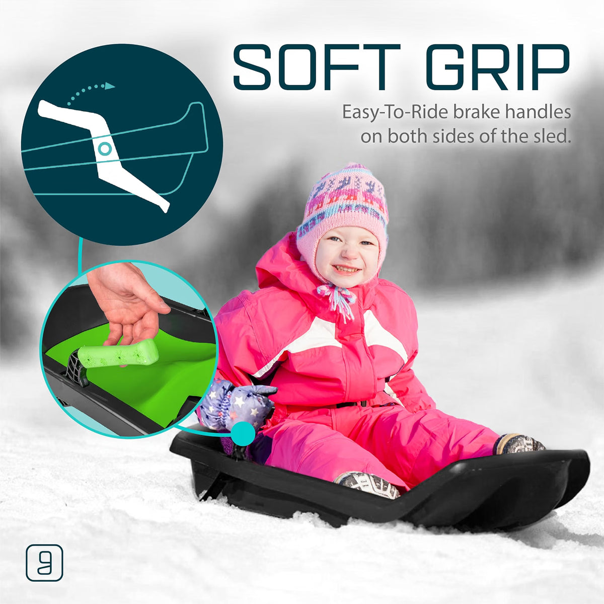 Kids' Toboggan Sled, Lightweight Plastic Snow Sled with Tow Strap & Brakes