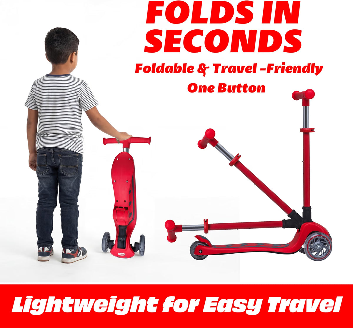 SKIDEE Kids 3-Wheel Scooter, Foldable, Adjustable Height, LED Wheels