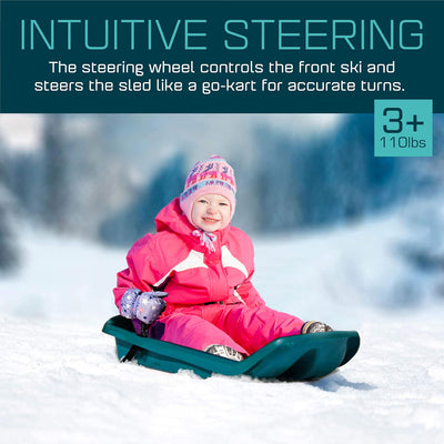 Kids' Toboggan Snow Sled, Lightweight Plastic, Tow Strap & Brakes