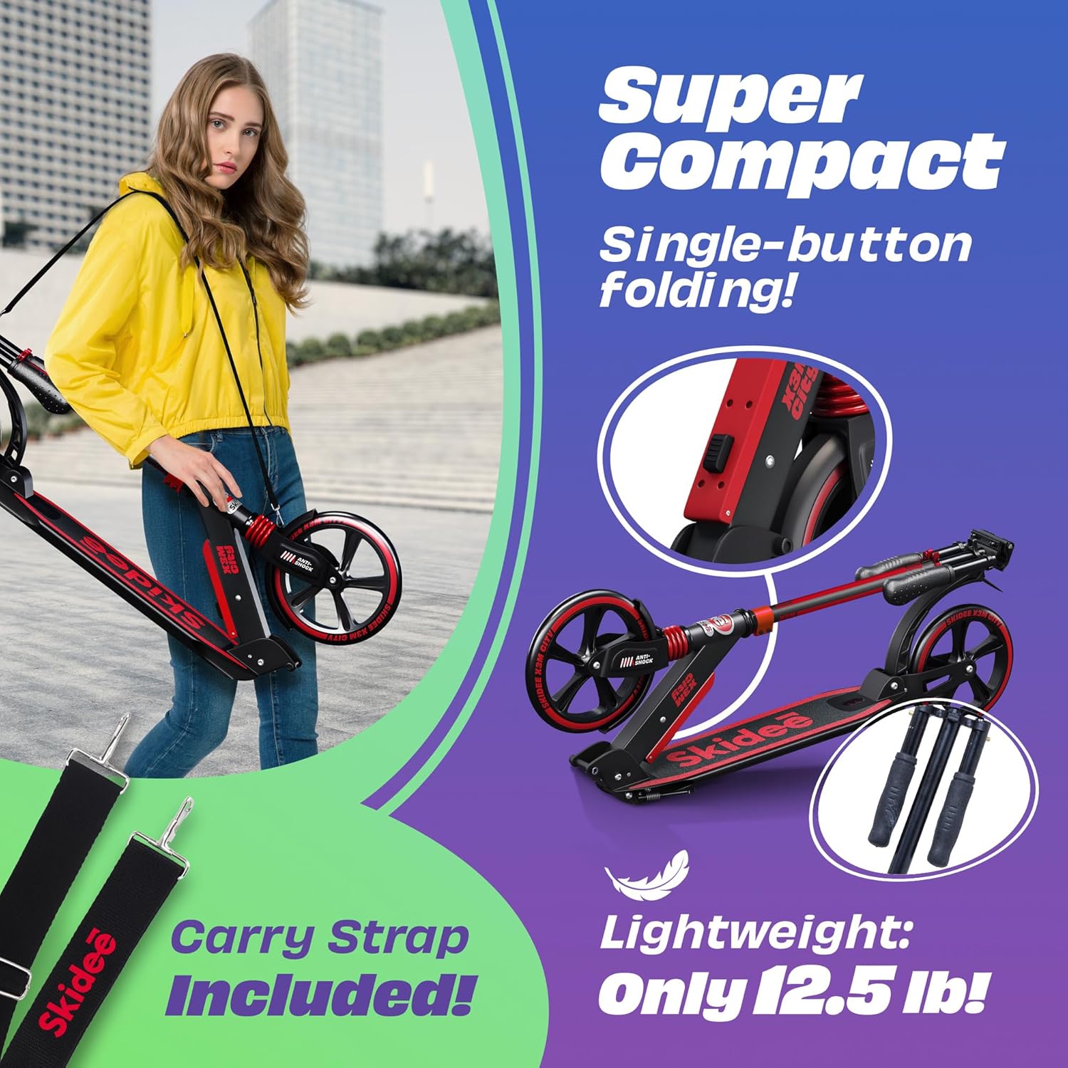Skidee Adult & Teen Scooter Adjustable Height, Folding, Large Wheels, Lightweight, Durable, Anti-Shock Suspension, Up to 220 lbs
