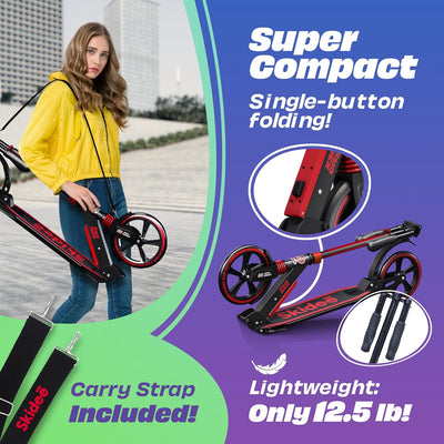 Skidee Adult & Teen Scooter Adjustable Height, Folding, Large Wheels, Lightweight, Durable, Anti-Shock Suspension, Up to 220 lbs