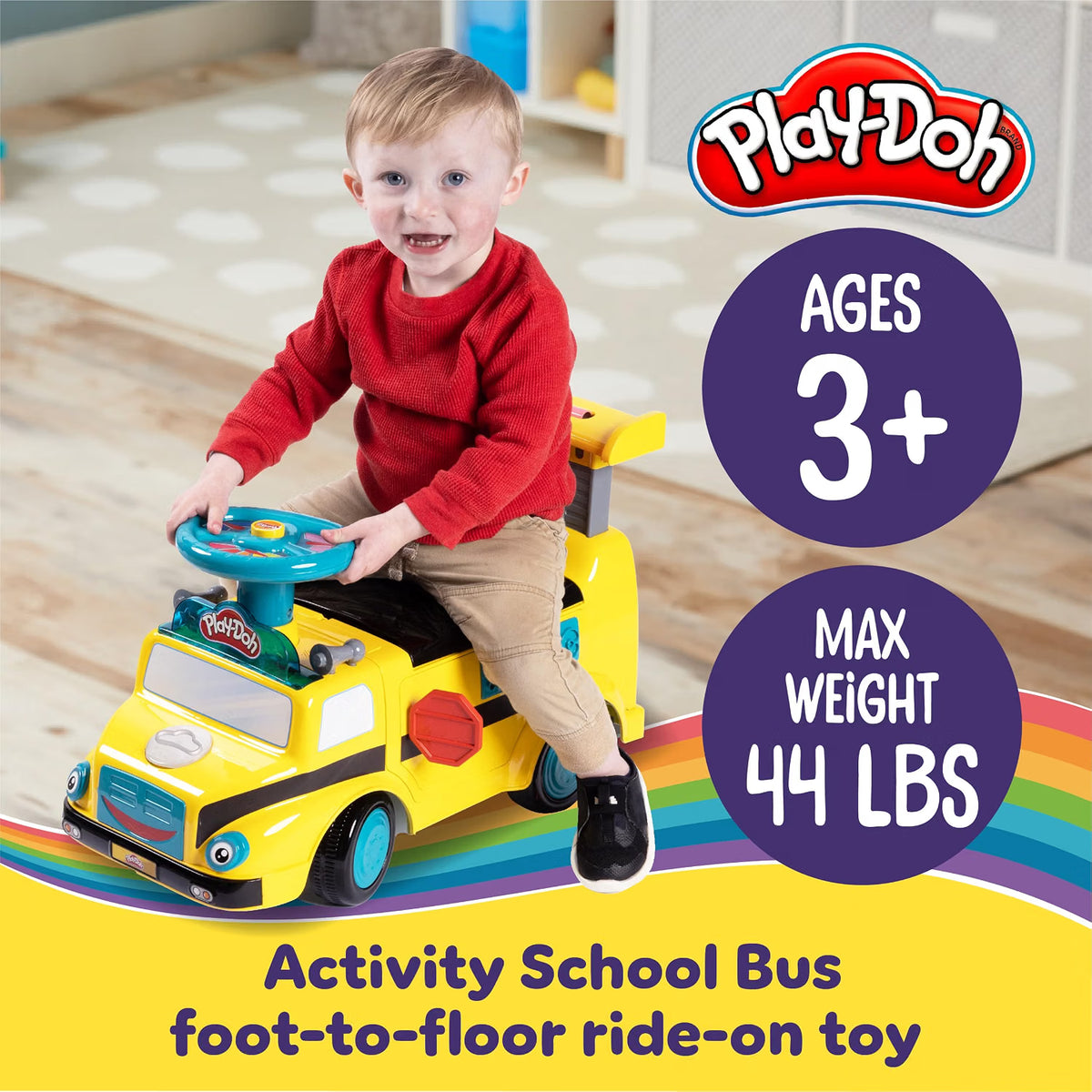 Play-Doh Activity School Bus Ride-On Toy, 44lb Capacity, Lights & Sounds, Cutters