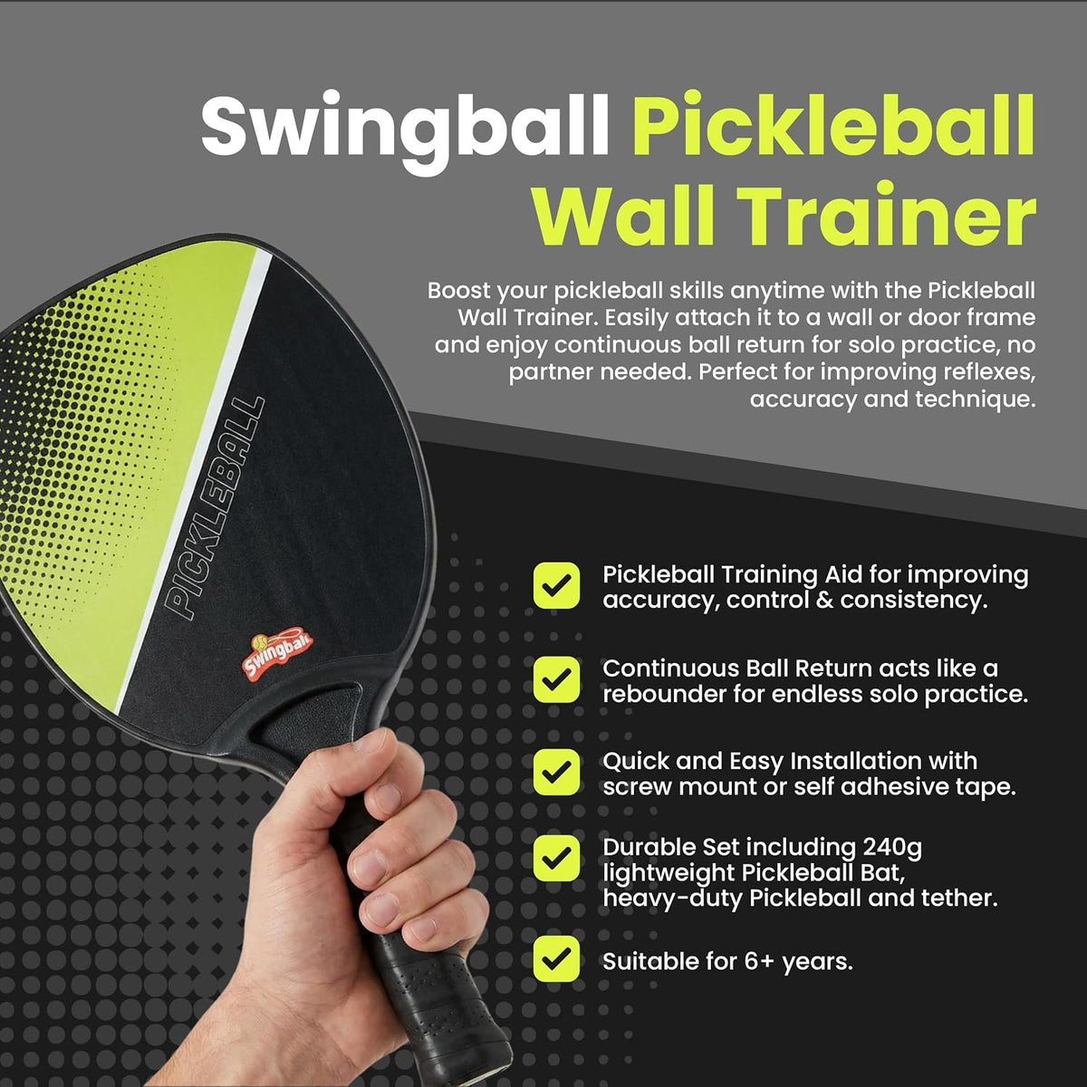 Swingball Pickleball Trainer, Wall-Mount Rebounder, Tethered Ball, Ages 6+