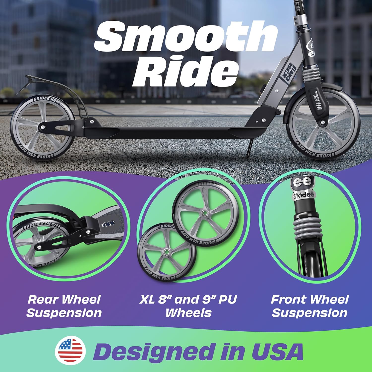 Skidee Adult & Teen Scooter Adjustable Height, Folding, Large Wheels, Lightweight, Durable, Anti-Shock Suspension, Up to 220 lbs