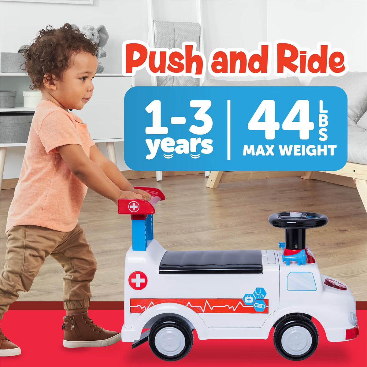 Waddle Ambulance Ride-On Toy for Toddlers 1-3, Doctor Kit, Lights & Sound, 44lb Capacity
