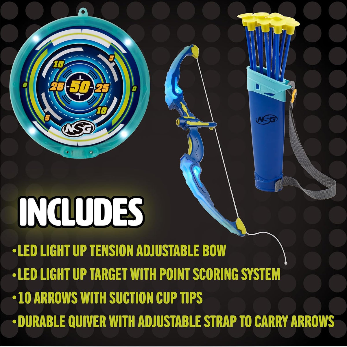 LED Light-Up Archery Bow & Arrow Set, 10 Suction Cup Arrows, LED Target, Ages 6+