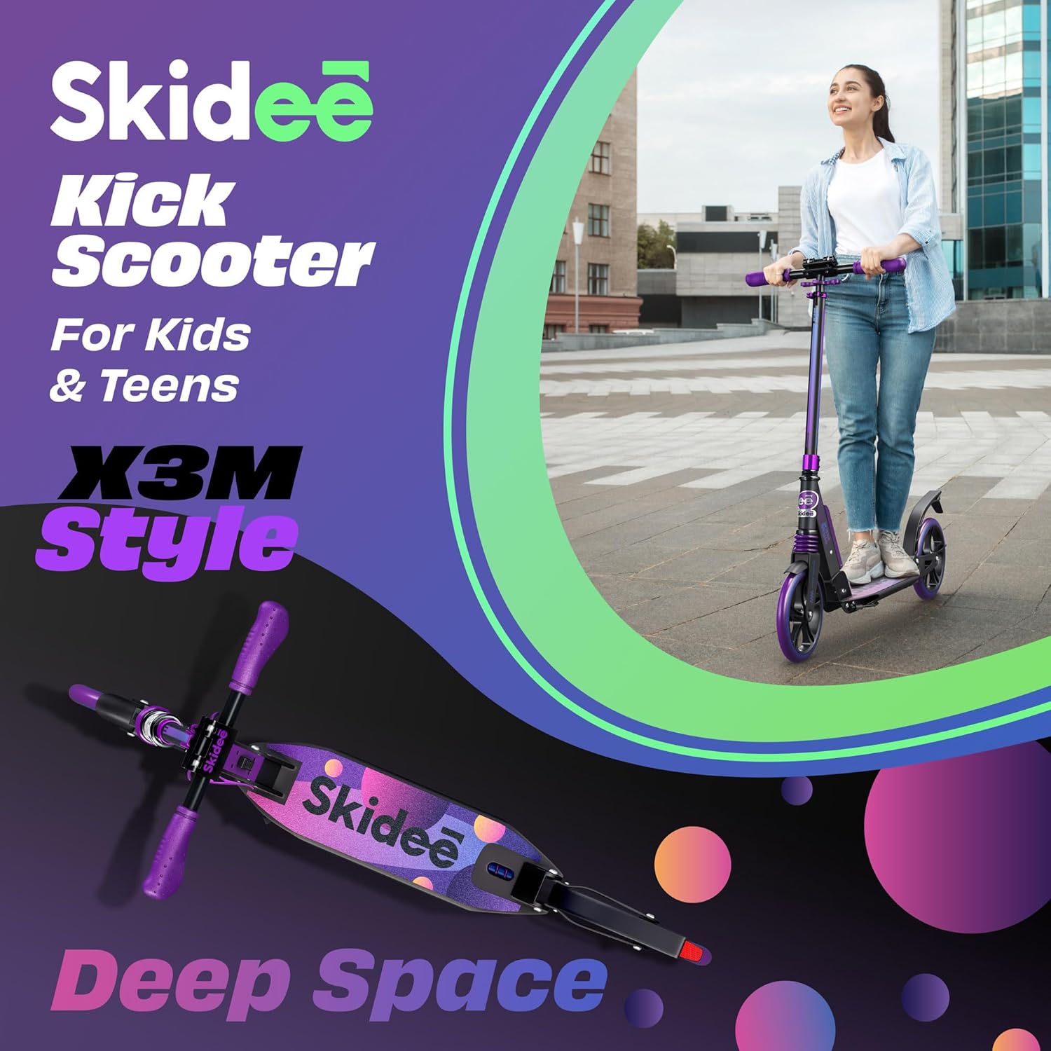 Skidee Adult & Teen Scooter Adjustable Height, Folding, Large Wheels, Lightweight, Durable, Anti-Shock Suspension, Up to 220 lbs