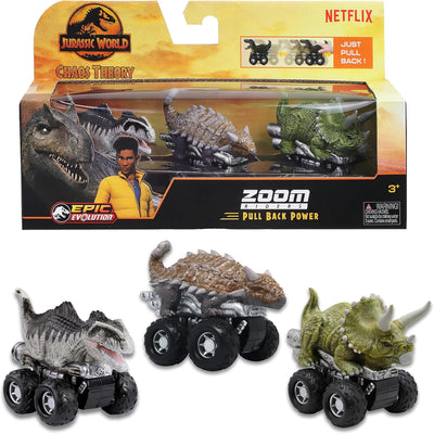 Jurassic World Chaos Theory Zoom Riders 3 Mystery Dinosaur Toys for Kids 3+