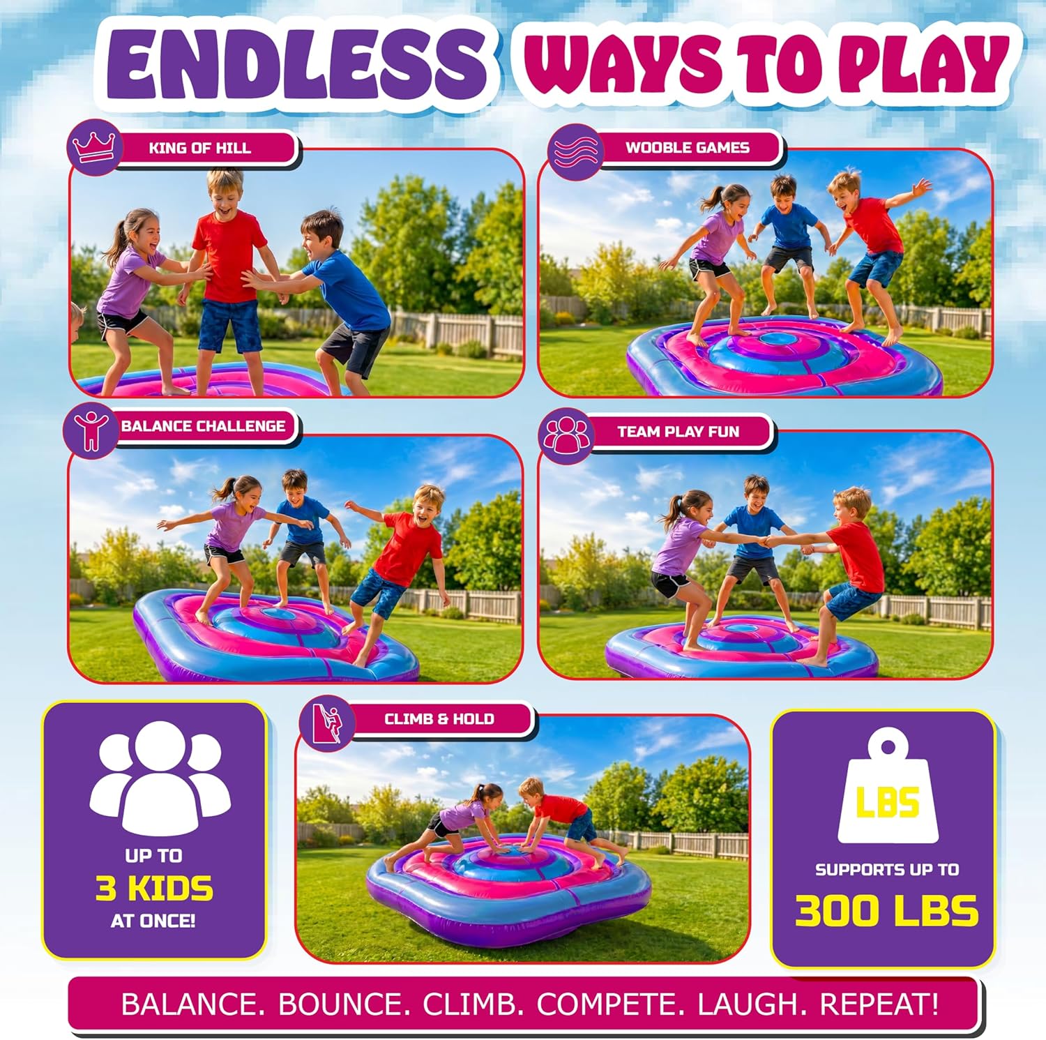 Playland 7.5 FT Inflatable Balance Platform for Kids – Bullseye Wobble Bounce Pad