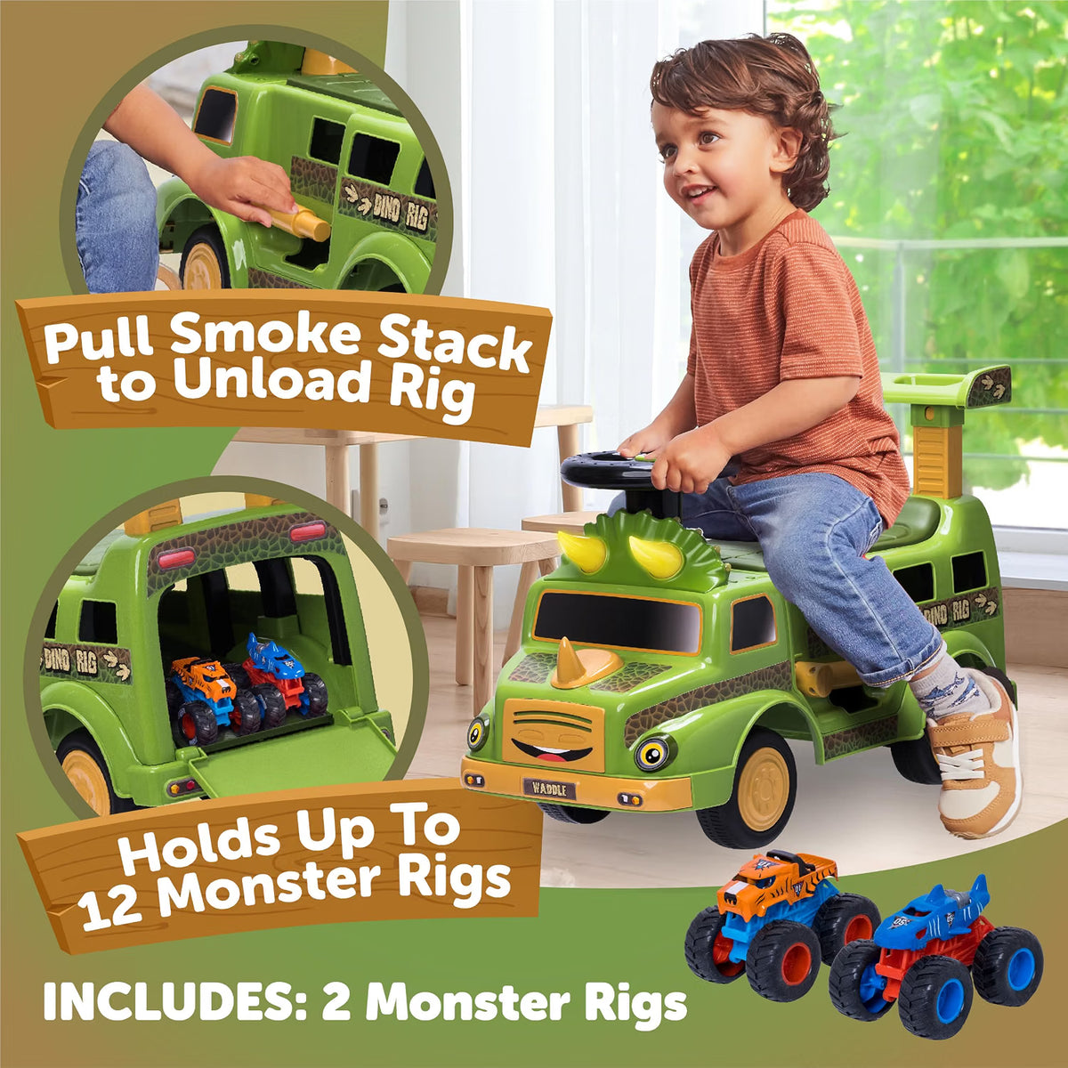 Waddle Dinosaur Ride-On Car for Toddlers 1-3, Dino Rig Transporter, Lights & Sound, 44lb Capacity