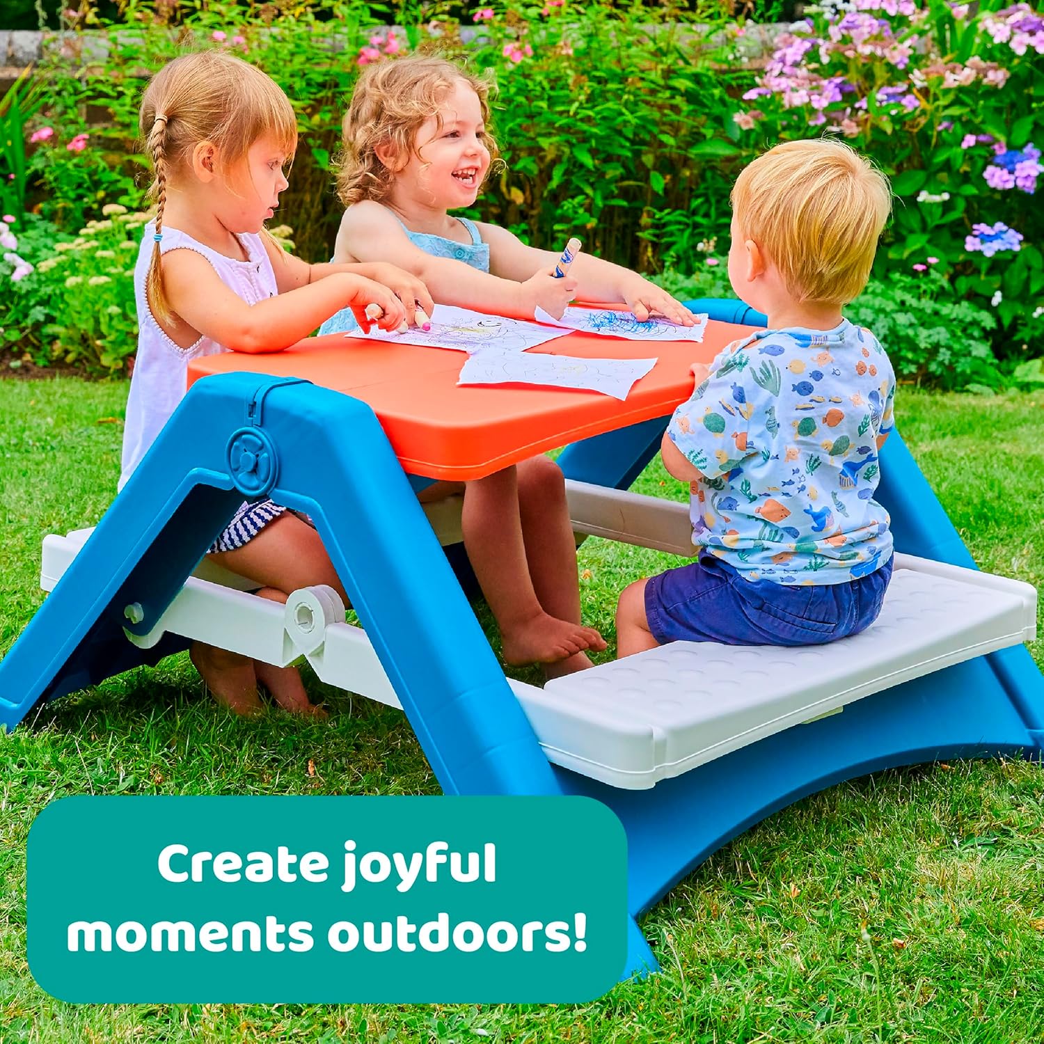 Fun N Fold Picnic Table for Kids – Indoor Outdoor – Red White and Blue Lightweight Foldable Picnic Table – Quick and Easy Storage – Toddlers Age 2 and up