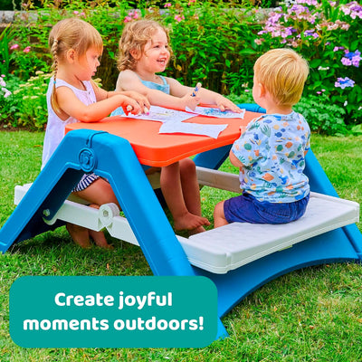 Fun N Fold Picnic Table for Kids – Indoor Outdoor – Red White and Blue Lightweight Foldable Picnic Table – Quick and Easy Storage – Toddlers Age 2 and up