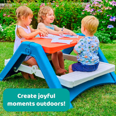 Fun N Fold Picnic Table for Kids – Indoor Outdoor – Red White and Blue Lightweight Foldable Picnic Table – Quick and Easy Storage – Toddlers Age 2 and up