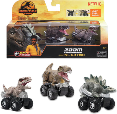 Jurassic World Chaos Theory Zoom Riders 3 Mystery Dinosaur Toys for Kids 3+
